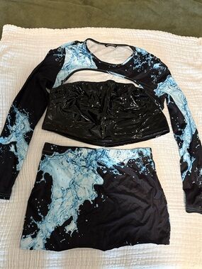 Black & Light Blue Printed Long Sleeve Crop Top and Skirt Set